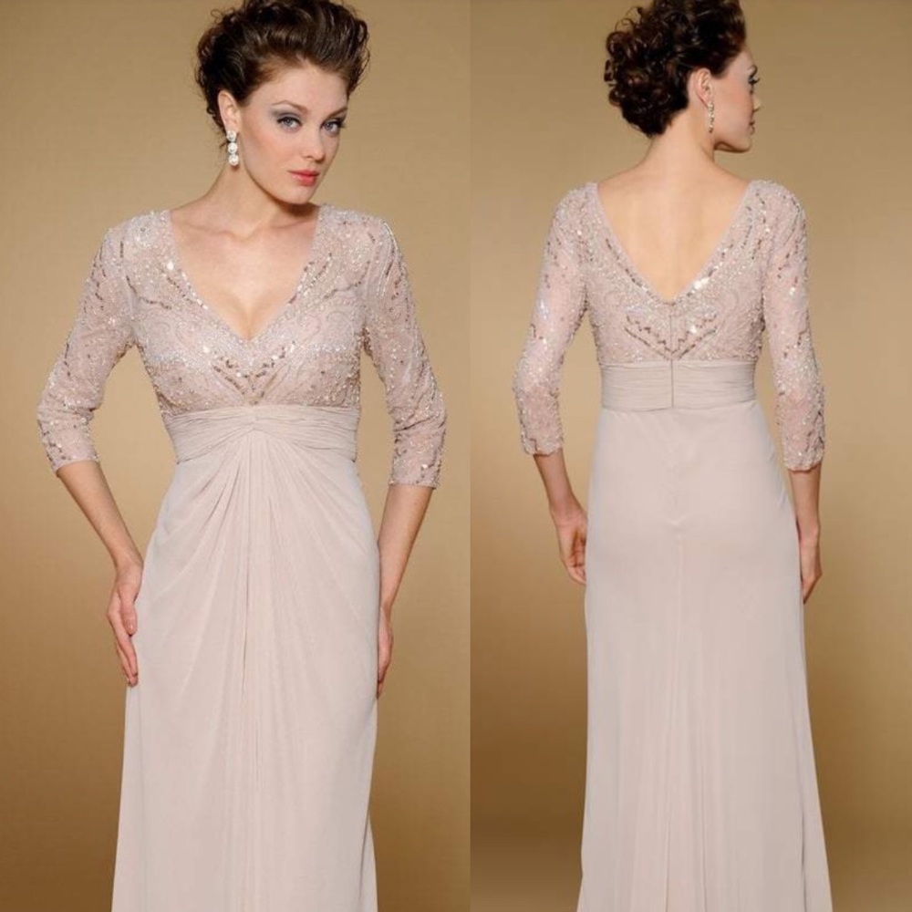 Rina De Montella 3/4sleeves embellished V-back long gown
